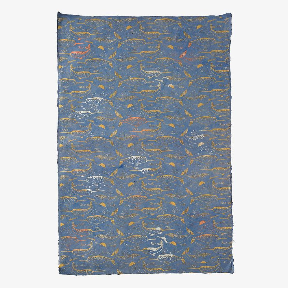 Narwhal Metallic on Sky Blue Handmade Paper - Image 2