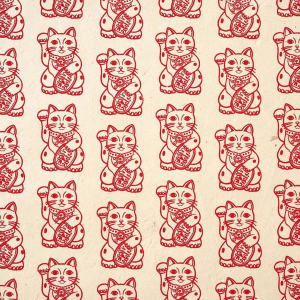 Red Lucky Cat on Cream Handmade Paper