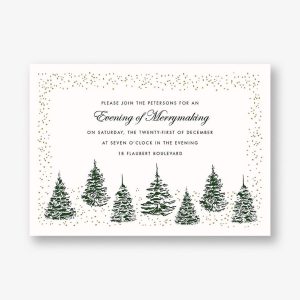 Snowy Winter Green Tree Border Holiday Party Invitation