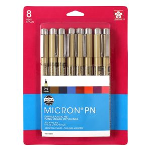 Sakura Pigma Micron PN - Plastic Nib 8 Pc Set; Contains 1 ea: Black. Blue. Red. Purple. Rose. Sepia. Burgundy. Blue/Black