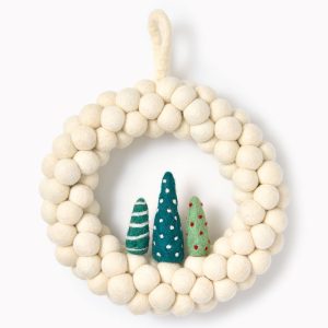 White Felt Pom Wreath with Trees